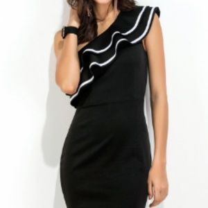 Black Oblique Shoulder Ruffle Tiered Trim Dress